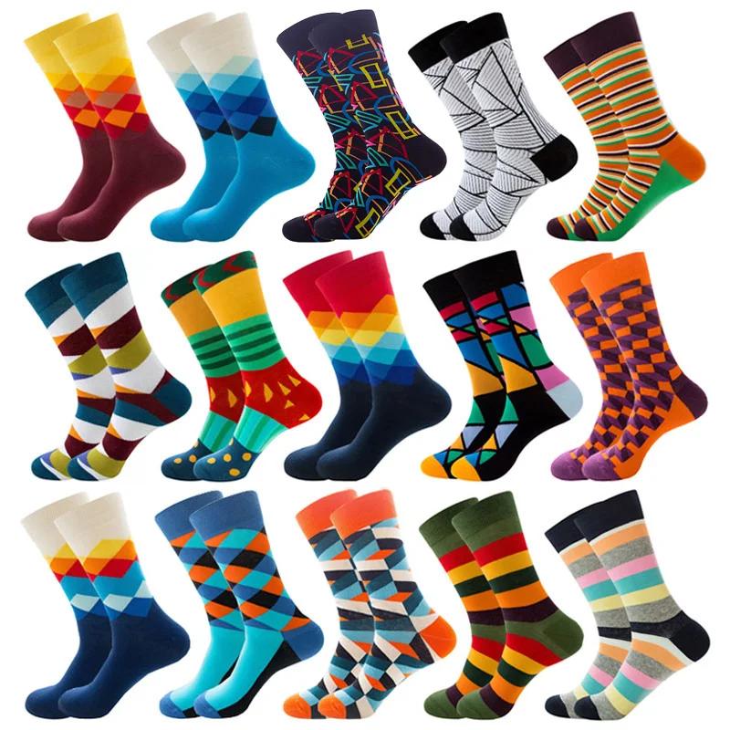 Mens Happy Colorful Striped Socks Quality Plaid Diamond Pattern Argyle Geometric Harajuku Combed Cotton Sock Christmas Gift