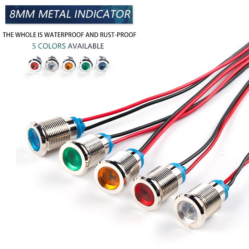 8mm LED Waterproof Metal Indicator Light Signal Lamp With Wire 3V 6V 12V 24V 110V 220V Red/Yellow/Blue/ Green/White