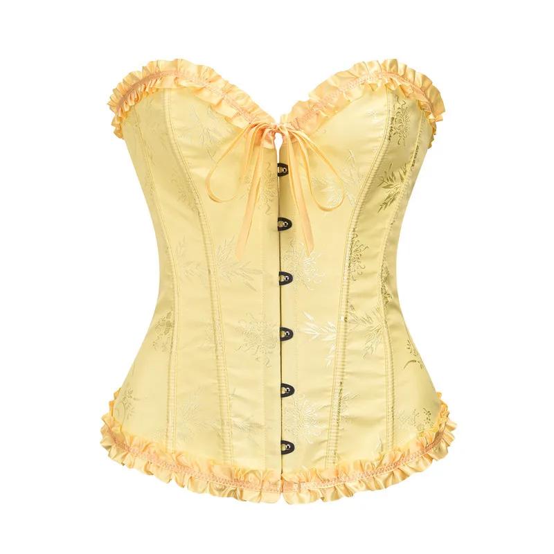 Yellow Jacquard Ruffled Trim Boned Sexy Overbust Push Up Bustier Top Corset Mujer Slimming Corsets For Women Sexy Gothic Clothes