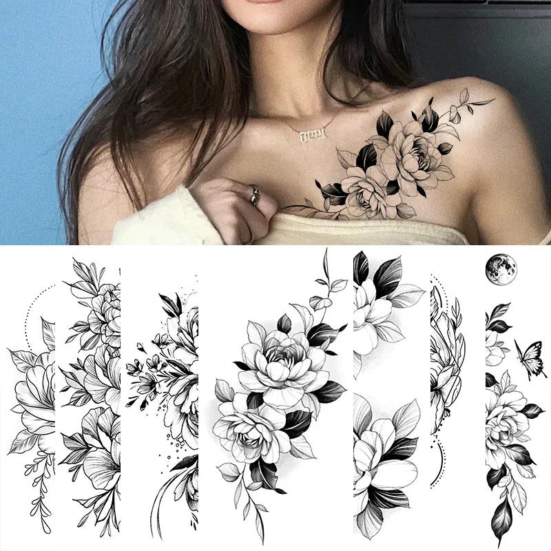 Sketch Flowers Sketch Tattoo Rose Blossoms Black and White Flowers Temporary Tattoos Sticker size: