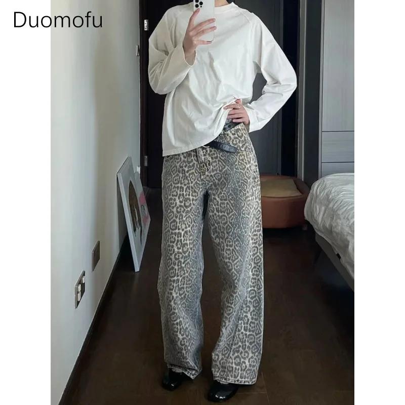 American Washed Leopard Print Wide Leg Jeans for Women Retro Street Distressed New Harajuku Style Hottie Baggy Y2K Casual Pants