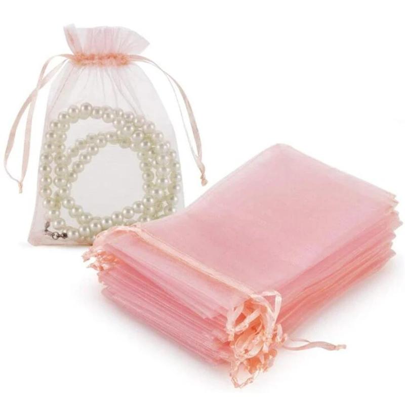 50pcs Pink Organza Drawstring Jewelry Small Bag for Earring Favor Wrapping Packing Pouch Packaging Wedding Businesses Organizer