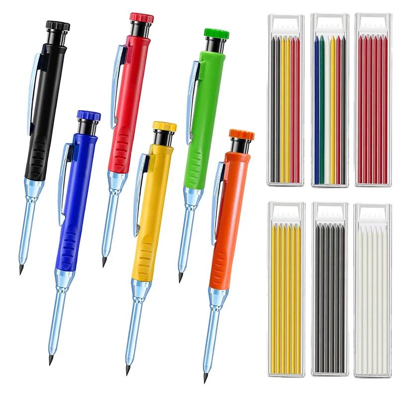 6 Colors Woodworking Automatic Pencils 2.8mm Metal Deep Hole Mechanical Pencil Built-in Sharpener for Scribing Marking Tools