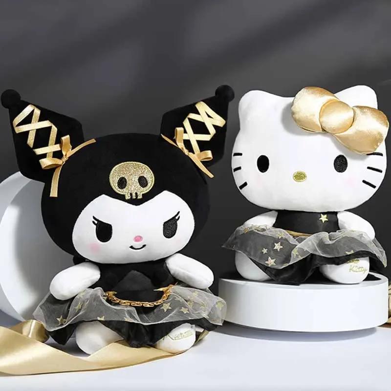 25CM New Sanrio Kawaii Black Gold Series Plush Stuffed Toy Soft Pillow Cute Kuromi Hello Kitty Birthday Gift Children's Toy