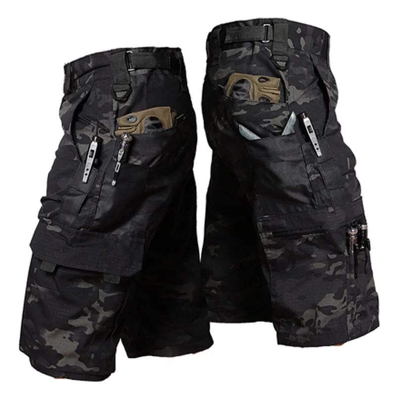 Mens Cargo Shorts Summer Tactical Cropped Trousers Outdoor Waterproof Multi-pocket Bermudas Pants Camo Ripstop Hiking