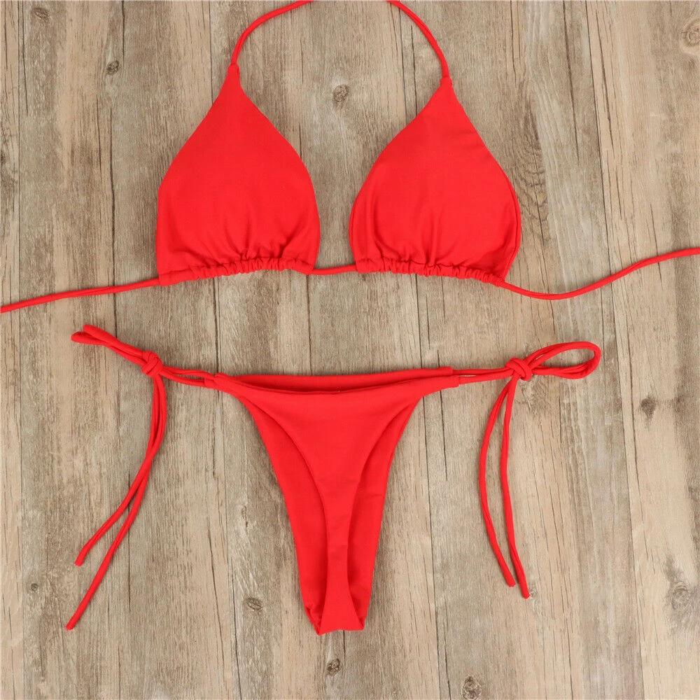 Women Sexy Hanging Neck Thong Bikini Set Side Tie Swimsuit Bandage Style Brazilian Swimwear Split Strap Female Swimsuit Set