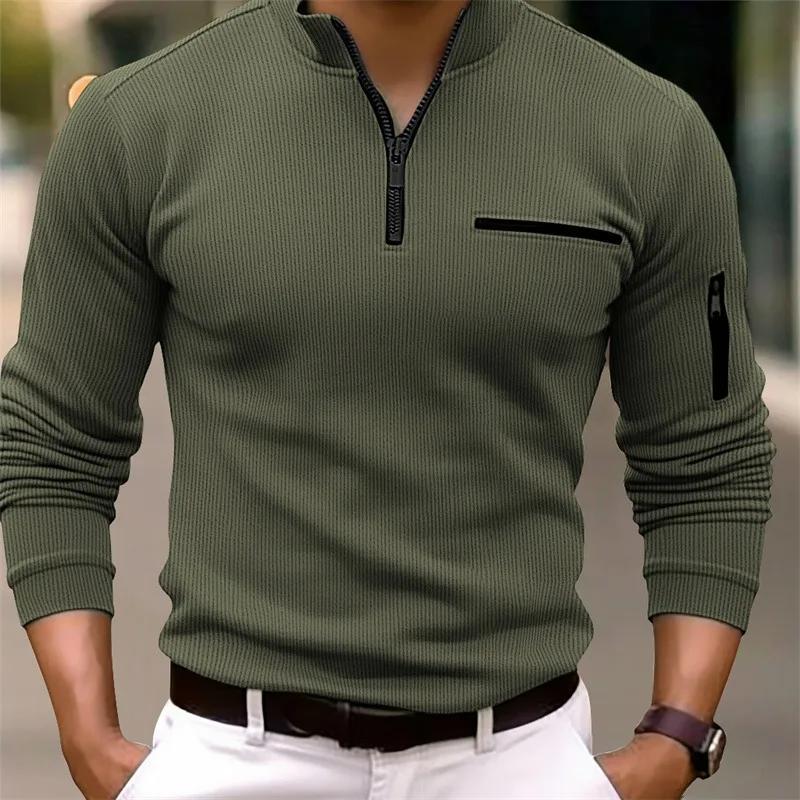 New light luxury light mature casual men sports retro  style striped zipper  arm  fashion men  outdoor  long  sleeve POLO shirt