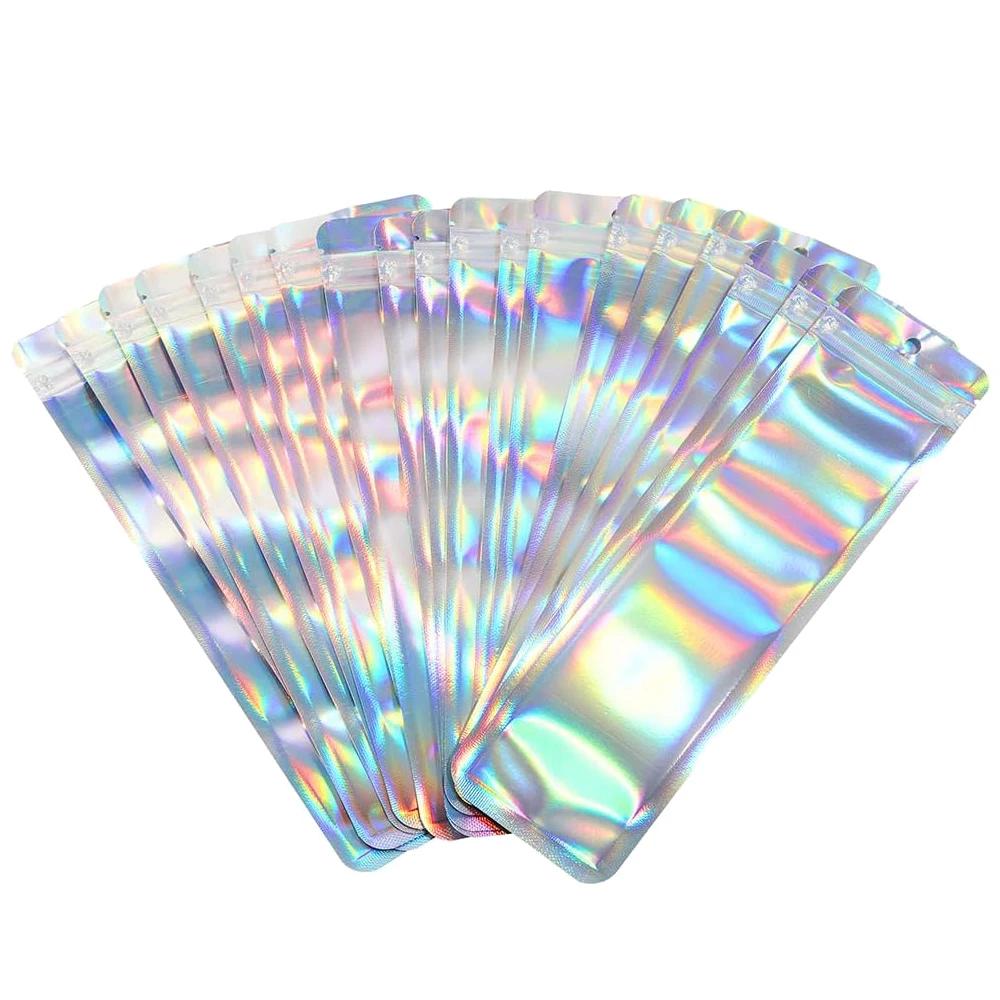 50pcs Long Holographic Packaging Bags Ziplock Laser Seal Pouch For Party Nail Eyelash Favor Food Storage Jewelry Display Supply