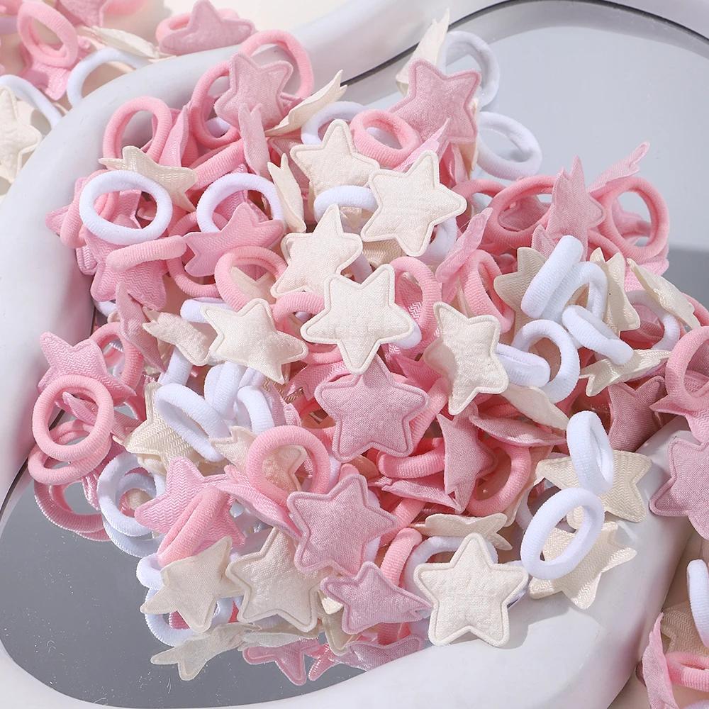 10/20pcs Girls Pink Heart Star Children Hair Loop No Harm Hair Cartoon Towel Rope Ponytail Holder Mini Rubber Band Kids Headwear