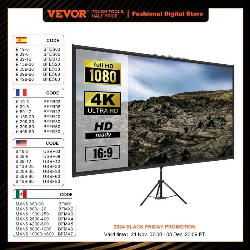 VEVOR 100 Inch Tripod Projector Screen W/ Stand 16:9 4K HD Portable Home Cinema for Indoor & Outdoor Projection