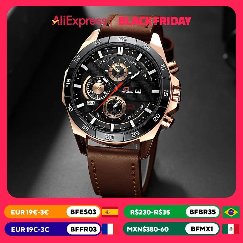 Top Men Watch Sports Style 46mm Large Leather Racing Style Casual Fashion Original Black Rose Gold Calendar Quartz Watch Relogio