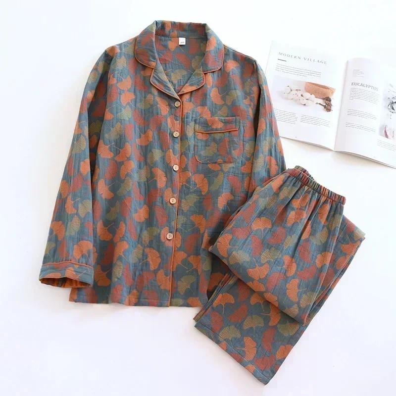 2025 new spring and summer women's pajamas suit long-sleeved trousers two-piece 100% cotton crepe flower leaves home clothes