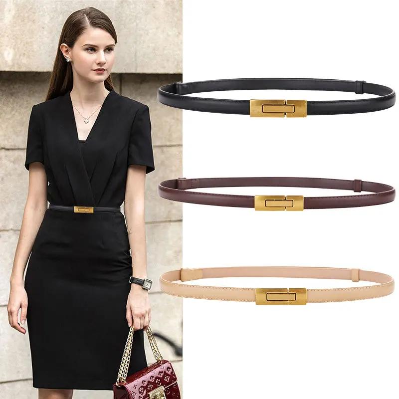 Women Skinny Patent Genuine Leather Slim Belt Adjustable Alloy Buckle Waist Belt for Dress