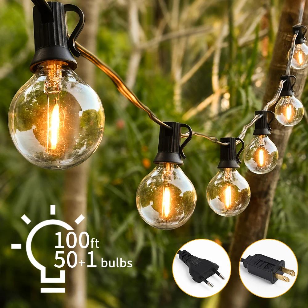 30M LED Fairy String Light Globe Party Garland G40 Patio Light Warm White Clear Vintage Bulb Chain For Outdoor Backyard Decorate