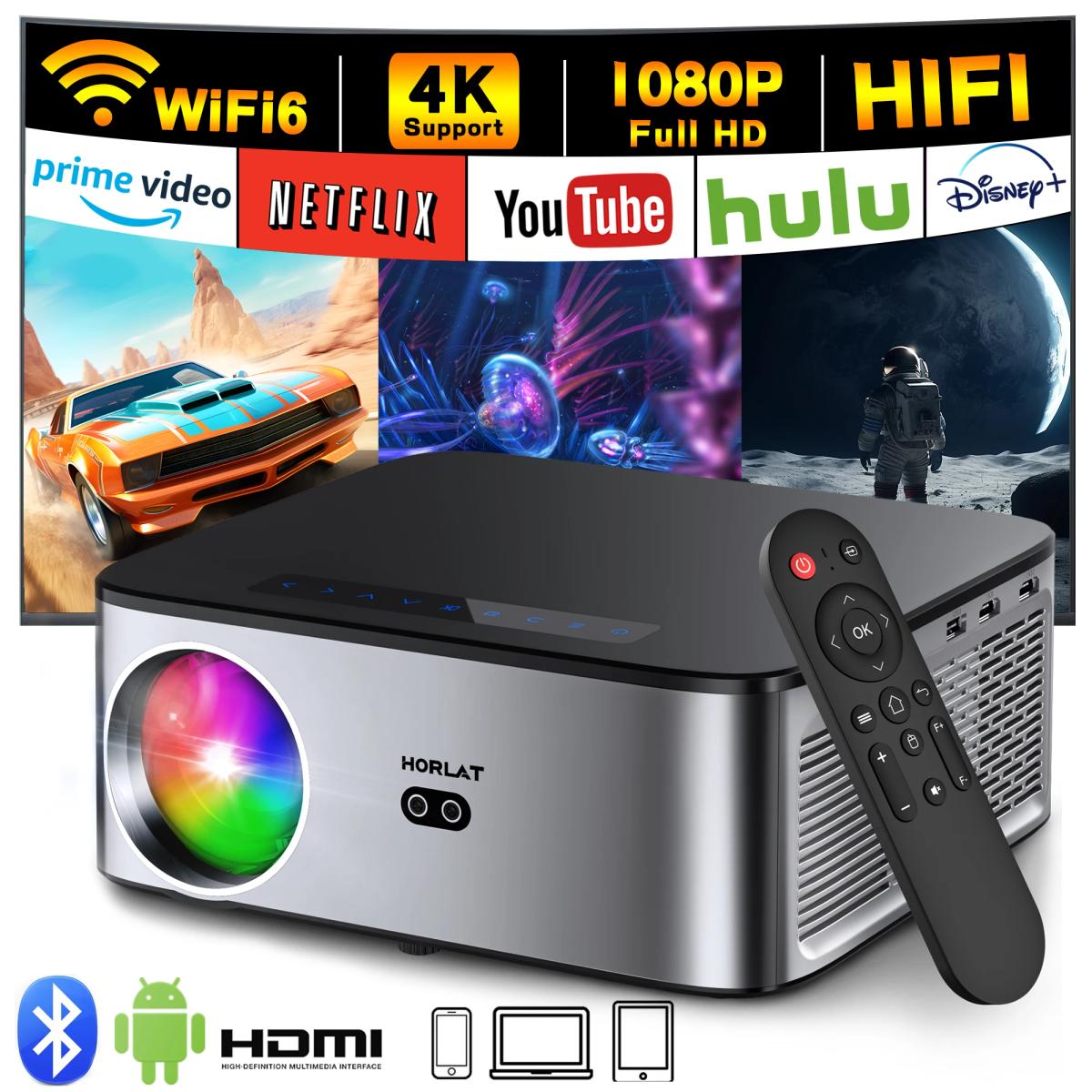 HORLAT 26000Lumenes Android 4K Projector 8K Video Dolby Audio Home Theater AutoFocus Keystone 5G WiFi Portable Proyector Beamer