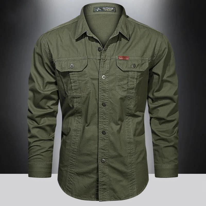 New Autumn Military Style Cotton Pocket Shirt for Men Solid Color Slim Casual Brand Clothing Men Long Sleeve Shirts 5XL