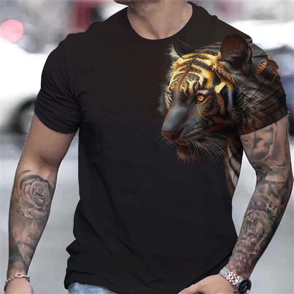 Tiger Print T-Shirt 3D Animal Men's Shirts Summer Short Sleeved Male Pullover Oversized T-shirts Casual Tops Tees Men Clothing