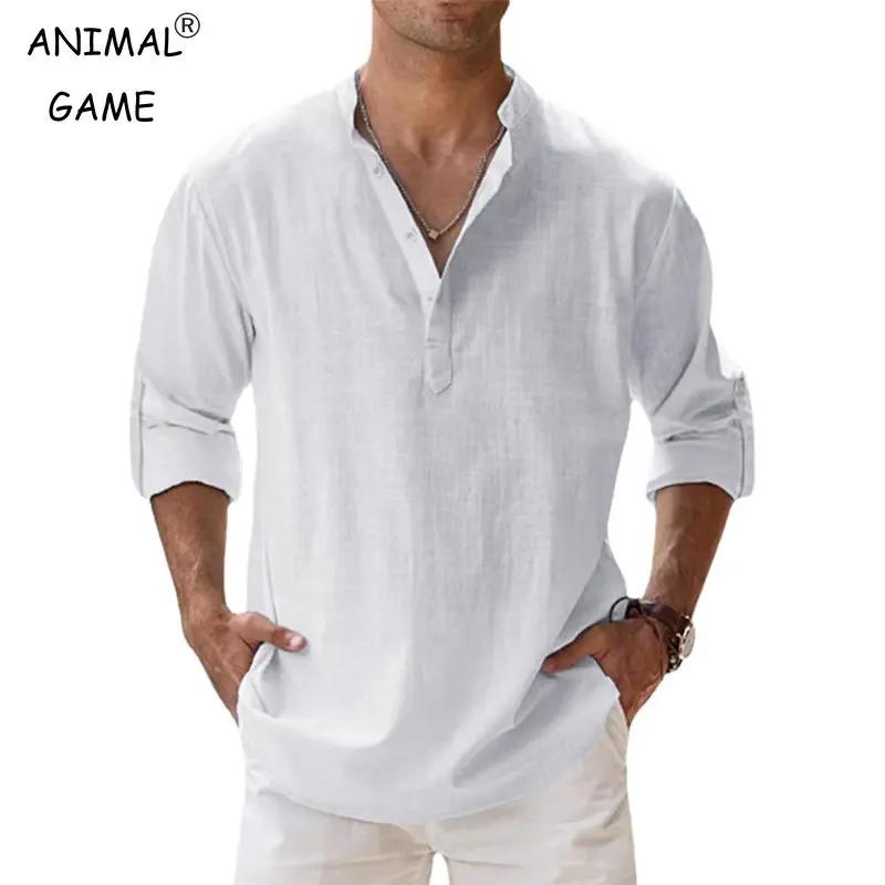 New Men's Cotton Shirts Linen Casual Long Sleeve Button Down Shirt Band Collar Loose Tops M-5XL