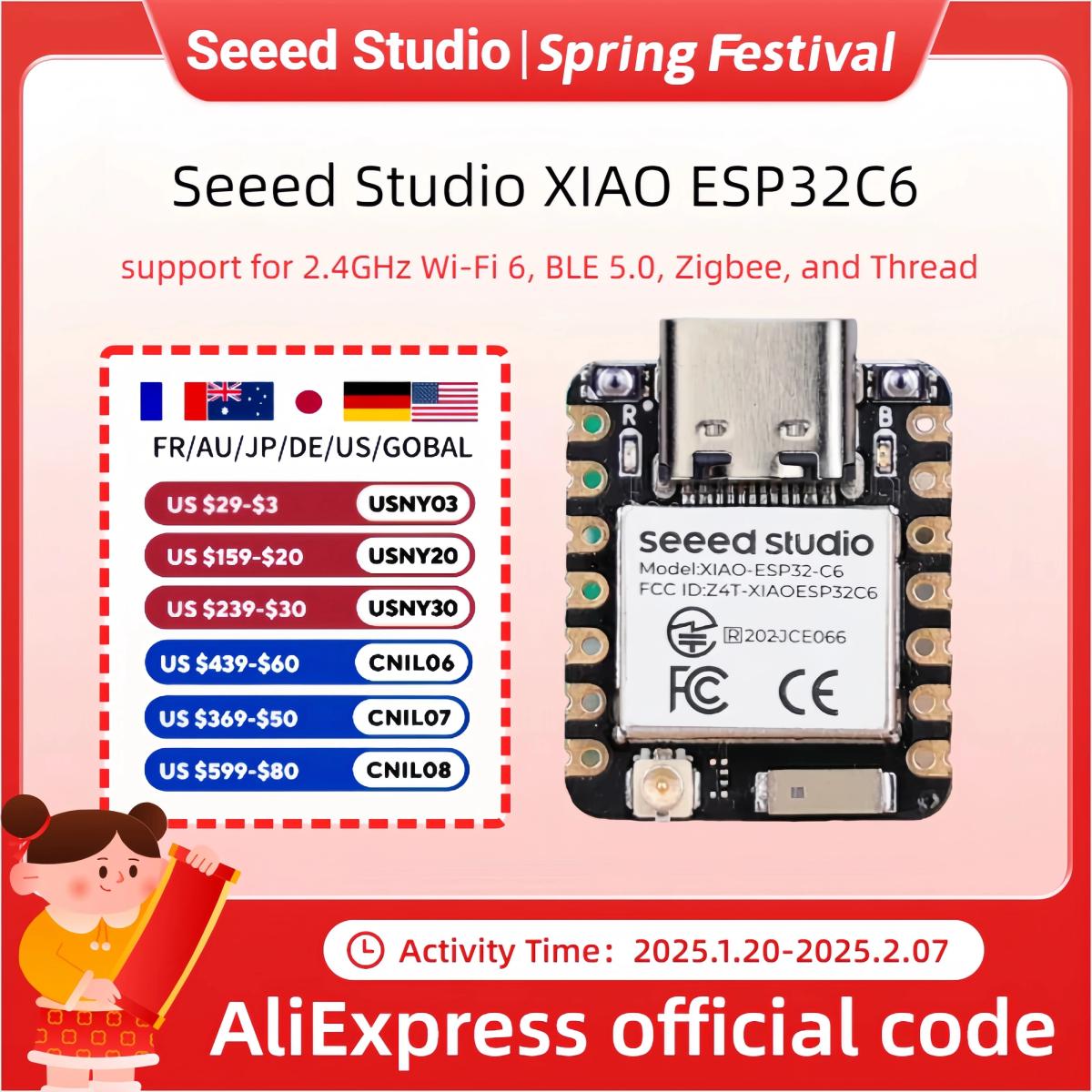 ESP32C6 mini development board XIAO esp32 c6-2.4 GHz WiFi6,BlE5.3,Zigbee Thread (802.15.4)ESP Rain Maker,AWS IoT,Microsoft Azure