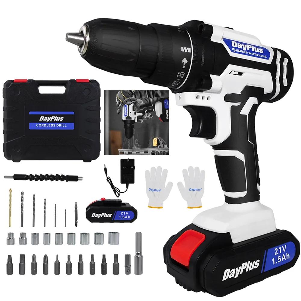 21V Portable Cordless Power Drill Set Impact Screw Driver with 1500mAh Li-Ion Rechargeable Battery 25+1 Torque Setting 45N.m