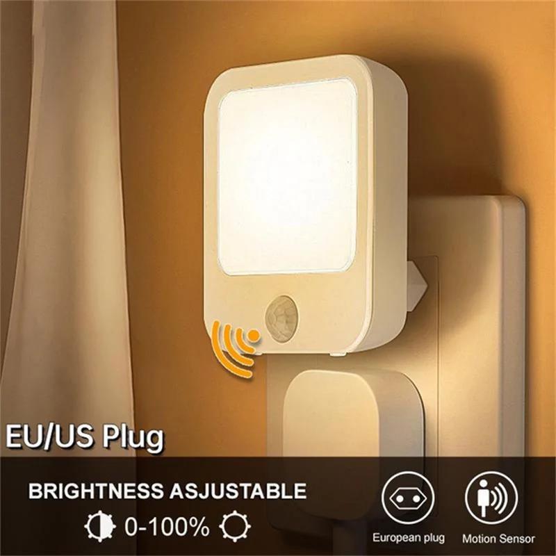 Motion Sensor LED Night Lights EU Plug Dimmable Cabinet Light for Baby Bedside Bedroom Corridor Wireless Night Lamp Lighting