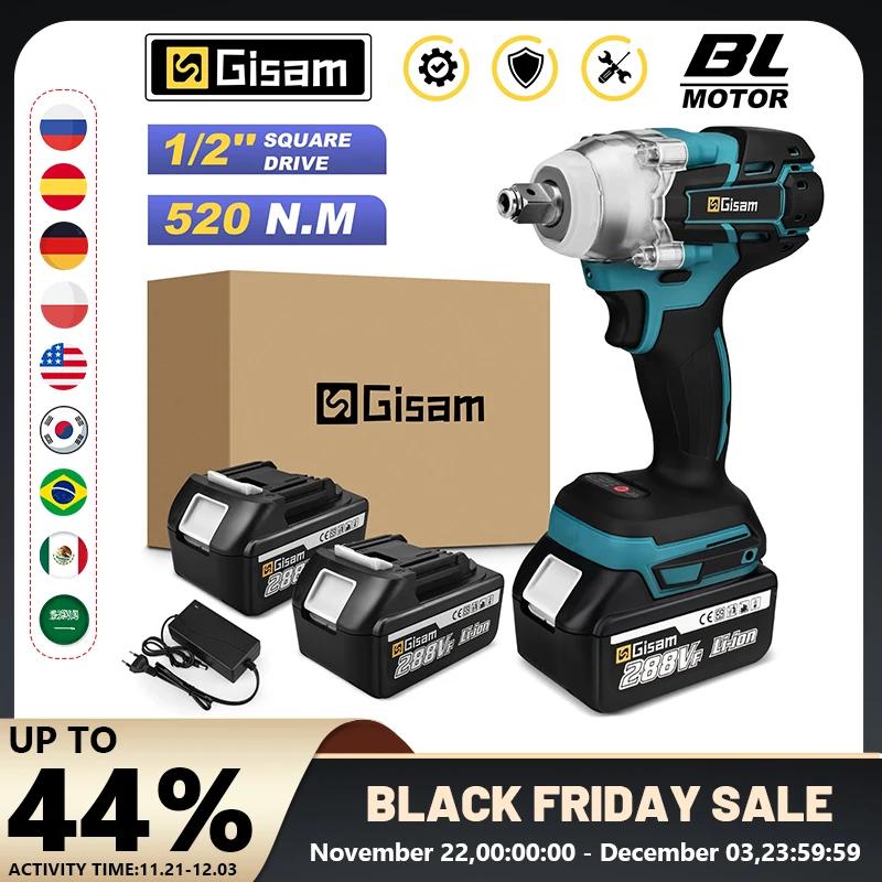 Gisam 520N.M Brushless Electric Impact Wrench Cordless Electric Wrench 1/2 inch for Makita 18V Battery Screwdriver Power Tools