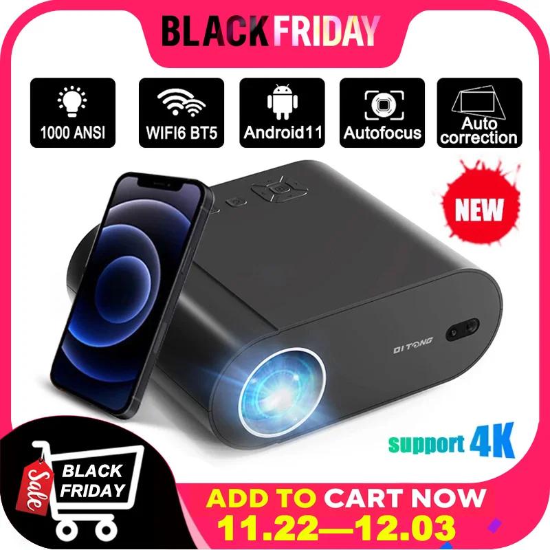 DITONG Projector 4K Android with Dual WiFi 6 and Bluetooth Auto Keystone Auto Focus Home Theatre HD Native 1080P Outdoor Movie