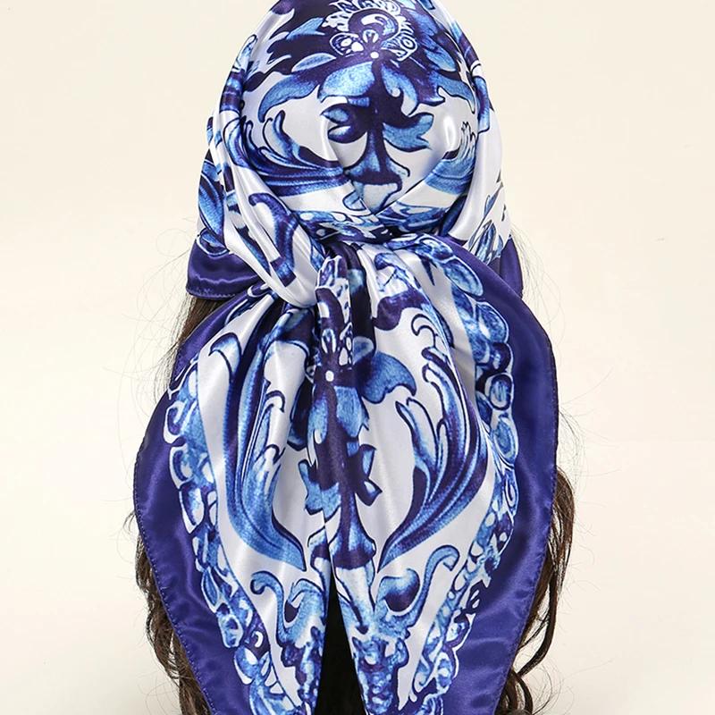 New Blue And White Porcelain Satin Silk Square Scarf Hijab Printed Muslim Women Headscarf Ladies 2024 Headband Scarf 90*90cm