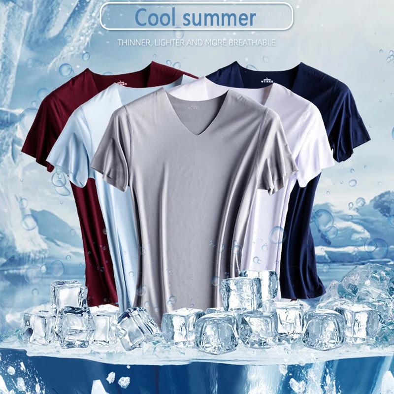 Fashion Summer Seamless Breathable Ice Silk T-Shirt Vest Men's Sports Short Sleeve T-shirt Ice Silk Solid Color V-neck M-5XL