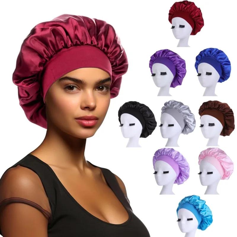 Women Night Sleep Hair Caps Silky Bonnet Satin Double Layer Adjust Head Cover Hat Shower Cap for Curly Hair Styling Accessories