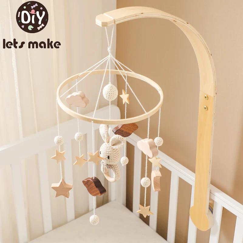 Baby Wooden Bed Bell Cartoon Rabbit Mobile Hanging Rattles Toy Hanger Crib Mobile Bed Bell Wood Toy Holder Arm Bracket Kid Gifts