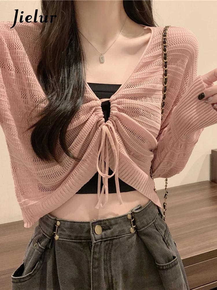 Jielur Autumn New Solid Color Slim Cardigan Woman Sweet Ladies Hollow Out Cardigan Pink White Green Black Knitted Cardigan Women