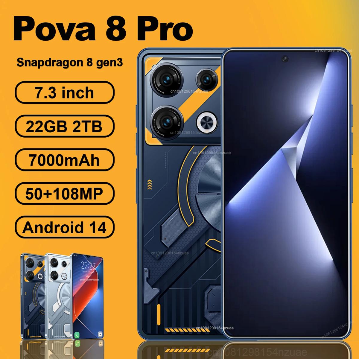 Original Pova 8 Pro Smartphone 5G 7.3inch HD 22G+2TB Cell Phone Dual SIM Mobile Phones 50+108MP 7000mAh Android 14 Unlocked NFC