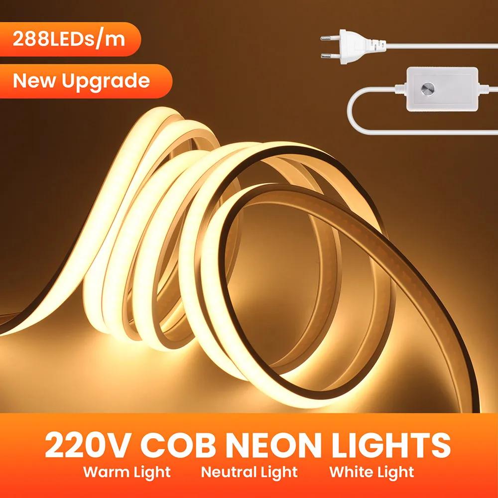 Dimmable COB LED Neon Strip Light 220V Dimmer Switch Power Kit High Density 288 LEDs Linear Lighting IP68 Waterproof Flex Ribbon