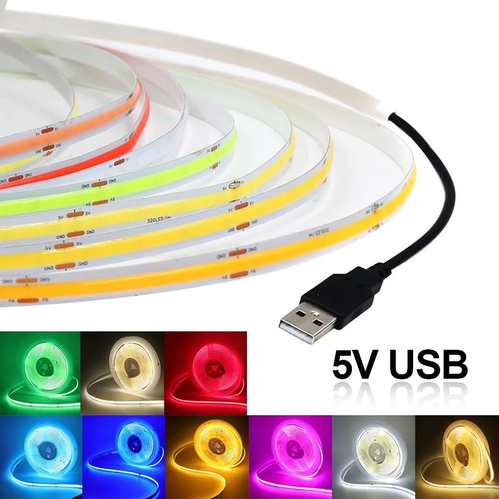 5V USB COB Led Strip Light White/Red/Green/Pink/Ice Blue/Yellow 320 Leds Flexible Ribbon DC Night Lamp TV Backlights Home Decor