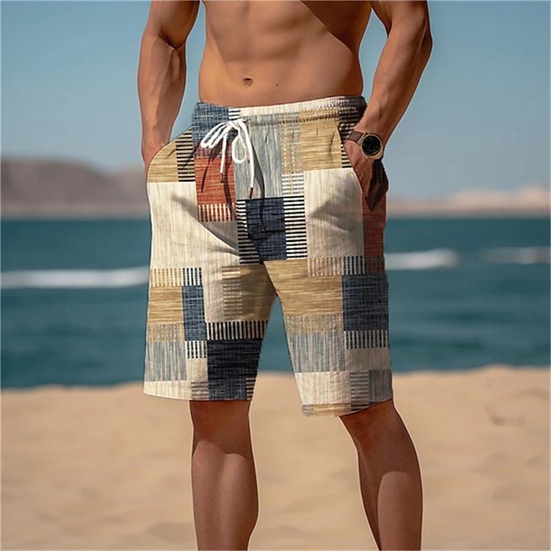 2024 Summer Hawaiian Beach Shorts Holiday Casual Colorful Plaid Print Sportswear Quick Drying Trunks Ice Shorts Hawaii Swimsuit