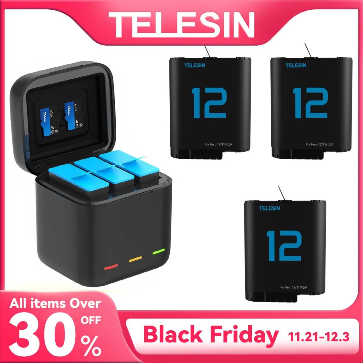 TELESIN Battery For GoPro Hero 12 11 10 9 1750 mAh Battery 3 Ways Fast Charger Box TF Card Storage For GoPro Hero Accessories