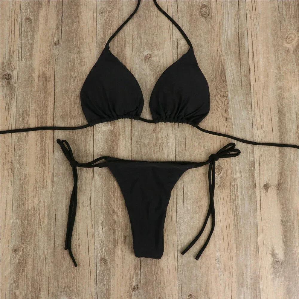 Women Thong Bikini Set Side Lace-up Sexy Swimsuit Bandage Neck Tie Swimwear Adjustable Brazilian Style Bikini Underwear