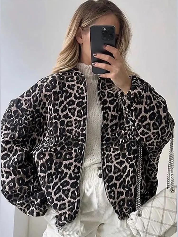 2024 Fashion Leopard Zipper Long Sleeved Women's Jacket Retro Round Neck Street Casual Outerwears New Female Autumn Commute Coat