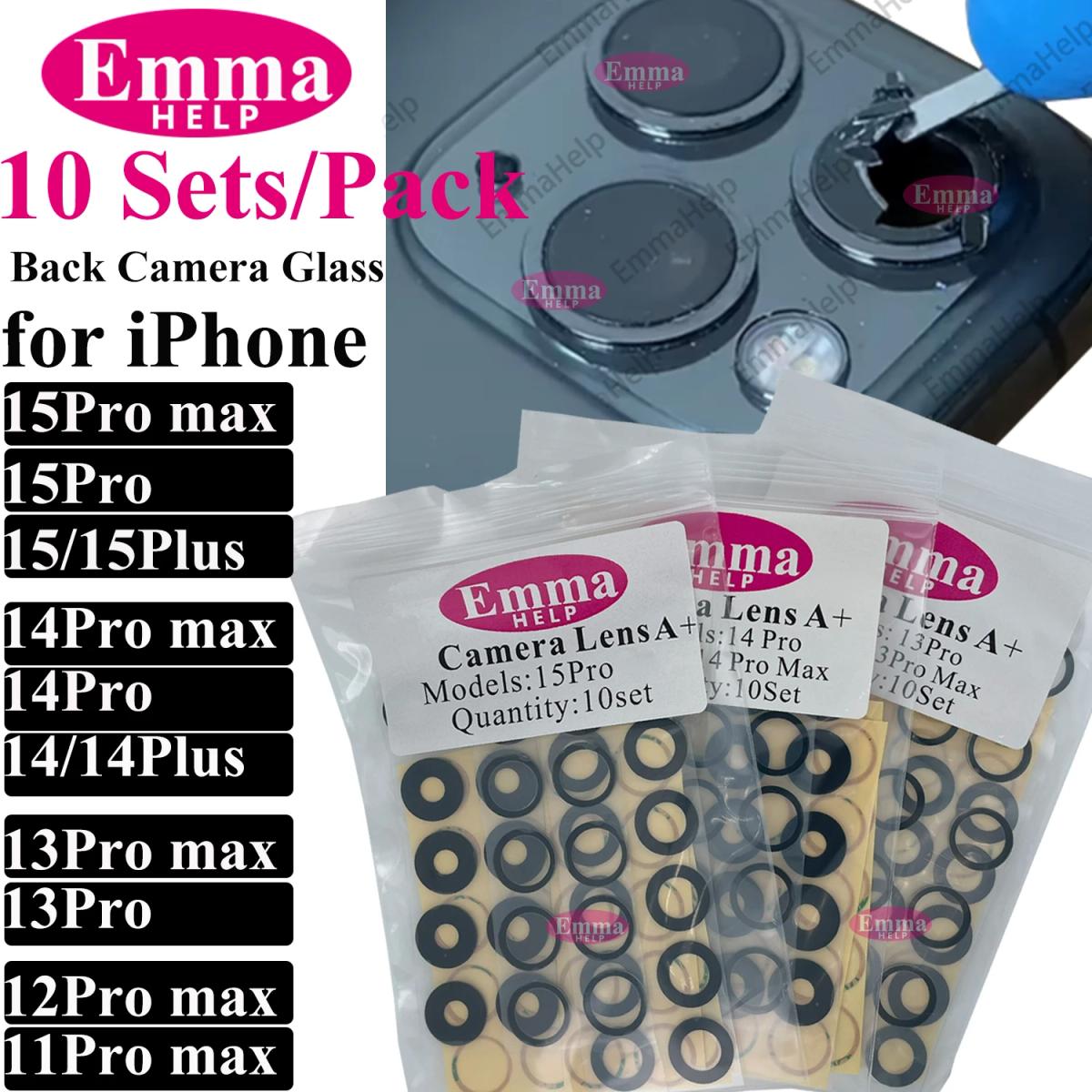 EmmaHelp 10set Back Camera Glass for iPhone 15 14 13 XR X XS SE 7 8 11 12 Pro Max Rear camera Lens Cover replacement Sticker A+