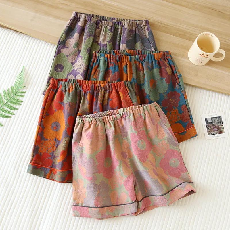 2025 New Summer Women's Pajamas 100% Cotton Shorts Yarn-dyed Jacquard Shorts Women's Loose Home Pants Thin Home Pants Pajamas