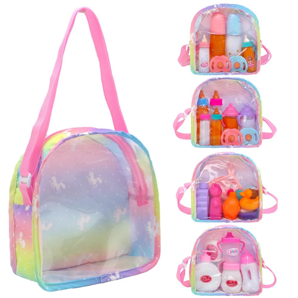 Newborn Doll Accessories Kit with Clear Display Rainbow Carrying Bag Transparent Display Window Fit 14inch Dolls Doll Travel Set