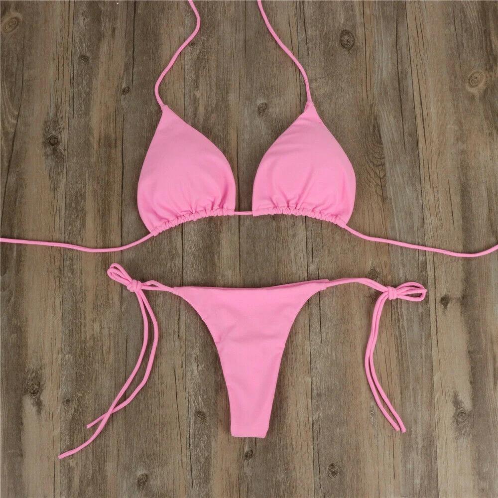 New Women Sexy Hanging Neck Thong Bikini Set Side Tie Swimsuit Bandage Style Split Strap Solid Adjustable Ladies Swimsuit Set