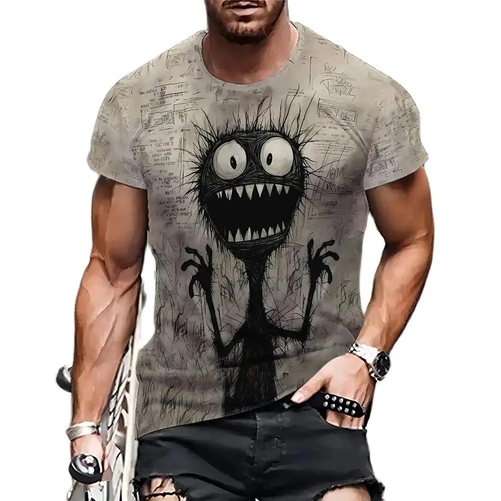 Summer Anime Monster In Panic T Shirts For Men Crew Neck Loose Short Sleeve Tee Shirt Outdoor Oversized T-shirt Men Clothing 3XL