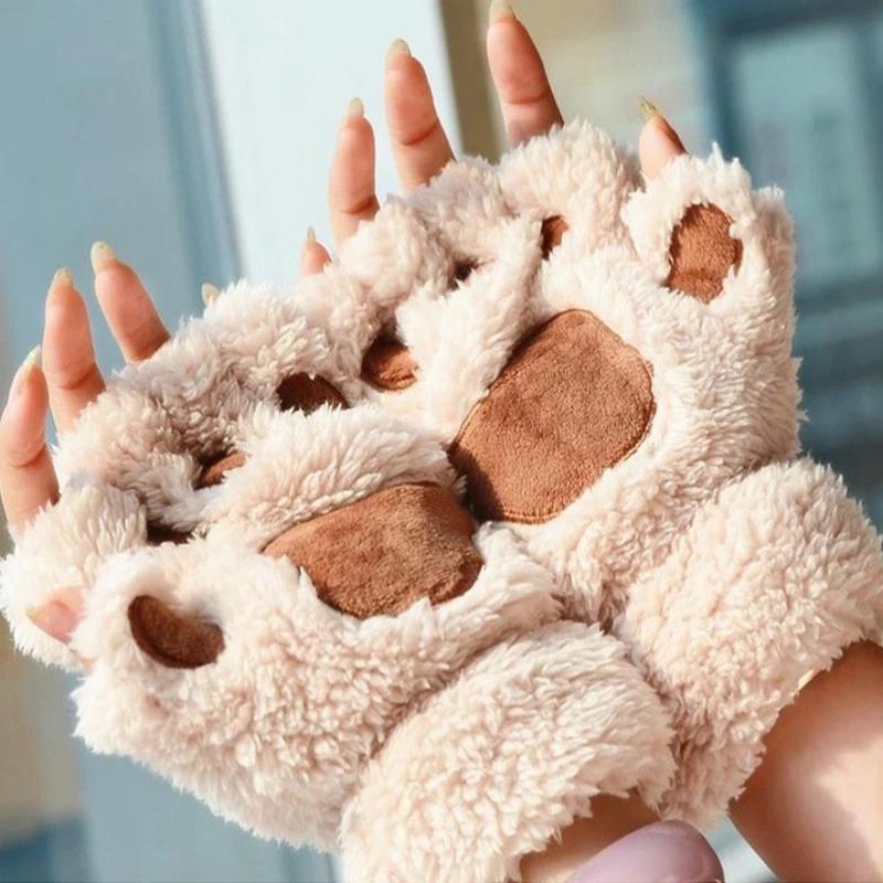 Cat Paw Gloves Winter Cute Cartoon Cat Girl Open Finger Gloves Thickened Fluffy Bear Paw Half Finger Gloves