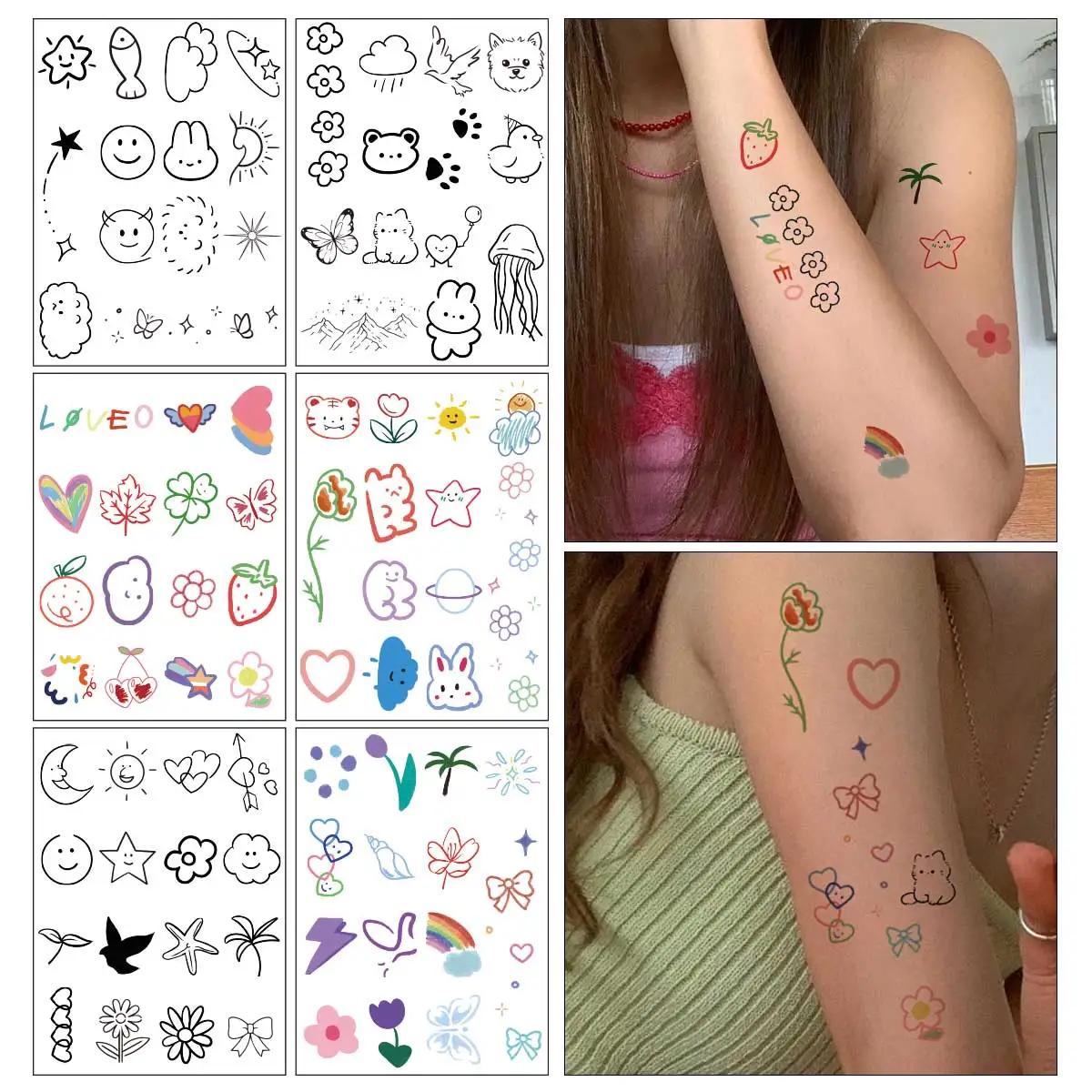 6pcs New Cartoon Pattern Colored Flower Heart Temporary Tattoo Stickers Waterproof Magic Tattoo Disposable Tattoo Stickers