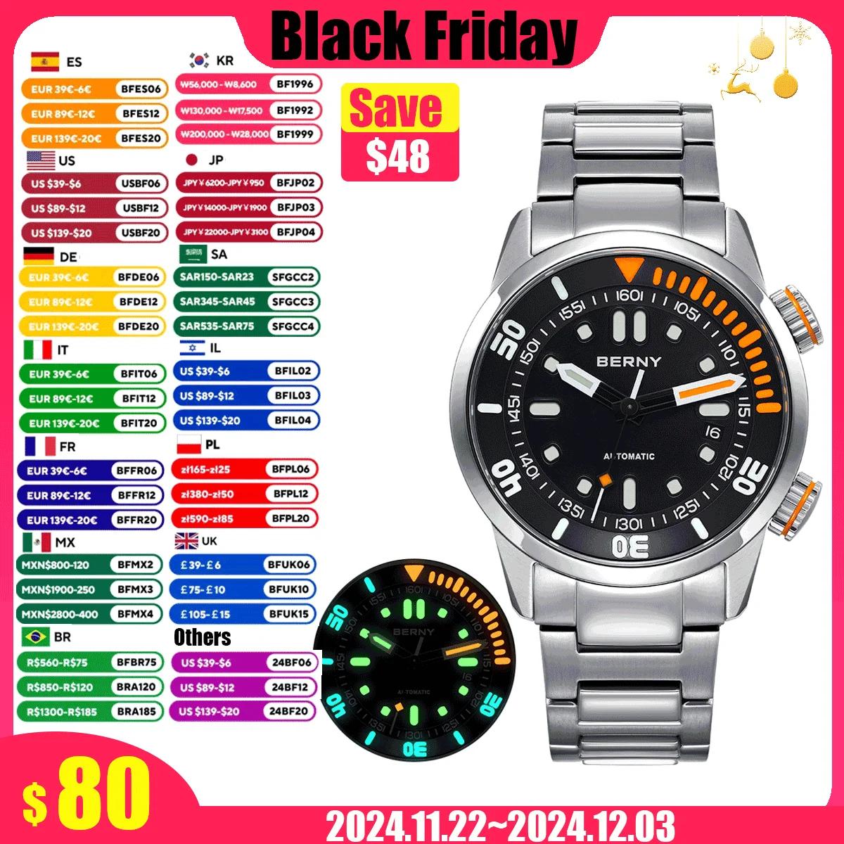 BERNY Automatic Dive Watch for Men Super Luminous Original Design 20ATM Man Wristwatch Sapphire Swim Sport Mechanical Male Watch