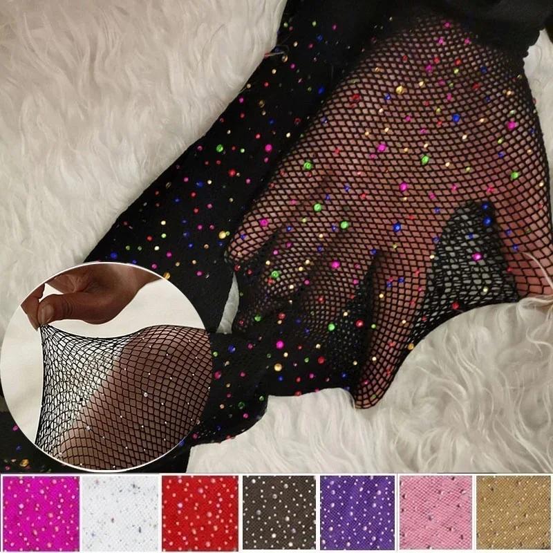 Fishnet Diamond Pantyhose Women  Fashion Shiny Net Tights Female Slim Rhinestone Mesh Nylon Stockings Tights