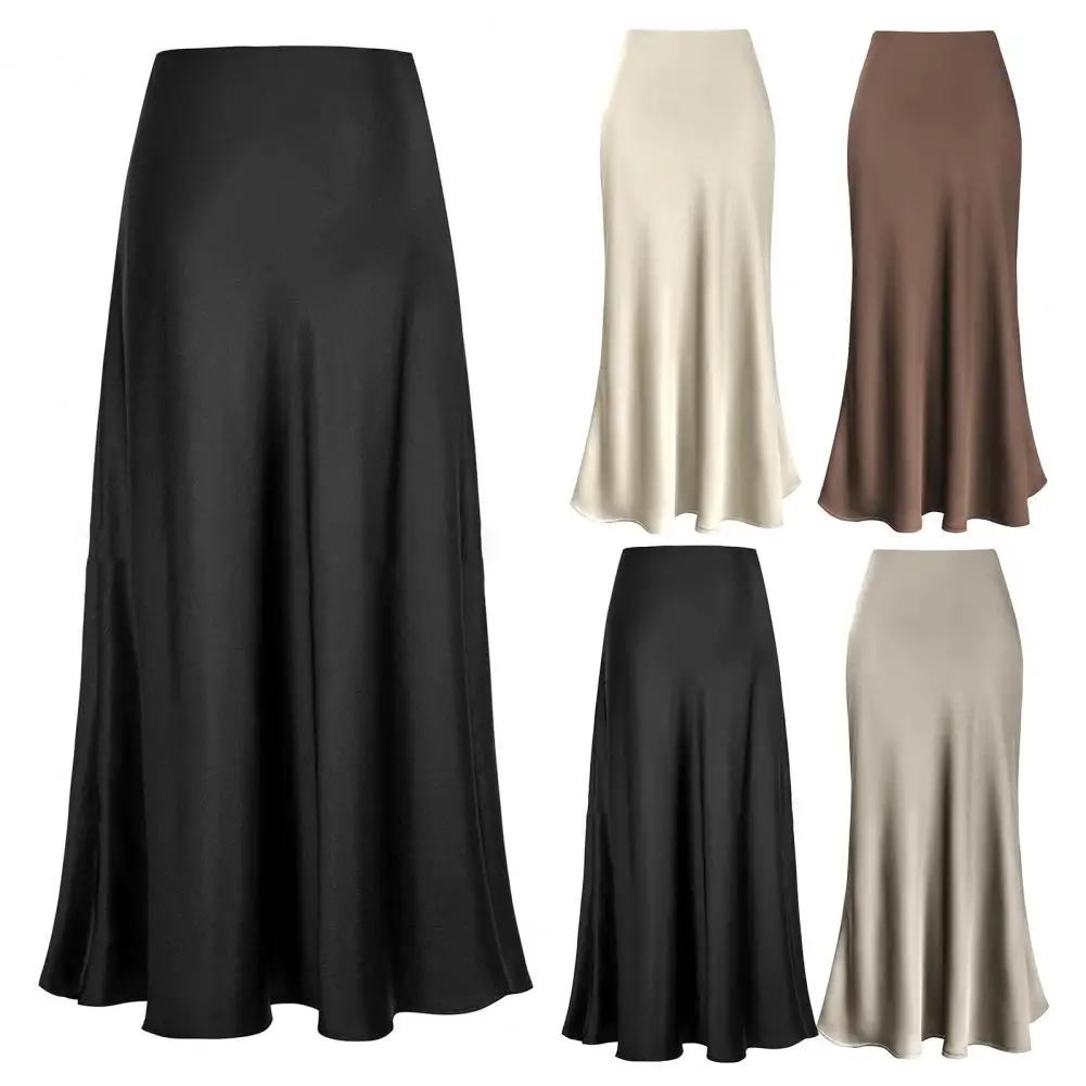 Fishtail Maxi Skirt Elegant Faux Silk Satin Skirts for Women High Waist A-line Office Lady Skirt Solid Color Glossy Finish