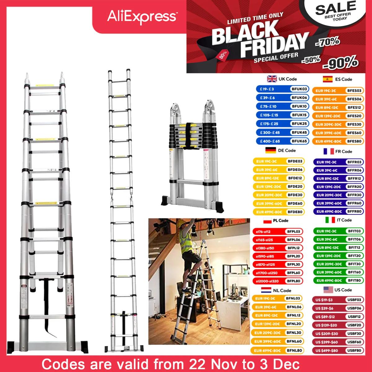 Ladder A Frame Telescopic Ladder 3.8m Aluminum Telescoping Extension Ladder Multi-Purpose with Stabilizer Bar for Home, EN131